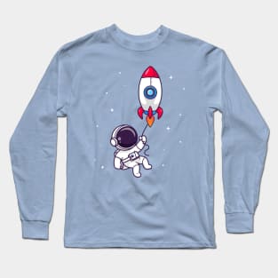 Cute Astronaut Flying With Rocket In Space Cartoon Long Sleeve T-Shirt